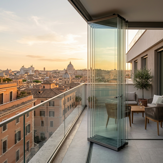 Vetrata a pacchetto per chiusura balcone a Roma — ante in cristallo impacchettabili